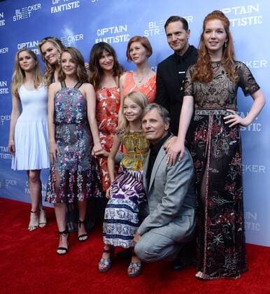 Captain Fantastic Premiere in Hollywood Cast members, Erin Moriarty, Samantha Isler, Missi Pyle, Kathryn Hahn, Trin Miller, writer director Matt Ross, actress Annalise Basso (L-R), actress Shree Crooks and actor Viggo Mortensen, foreground, attend the premiere of the motion picture drama Captain Fantastic at the Harmony Gold Theatre in the Hollywood section of Los Angeles on June 26, 2016. Storyline: In the forests of the Pacific Northwest, a father devoted to raising his six kids with a rigorous physical and intellectual education is forced to leave his paradise and enter the world, challenging his idea of what it means to be a parent. LAP2016062855 JIMxRUYMEN