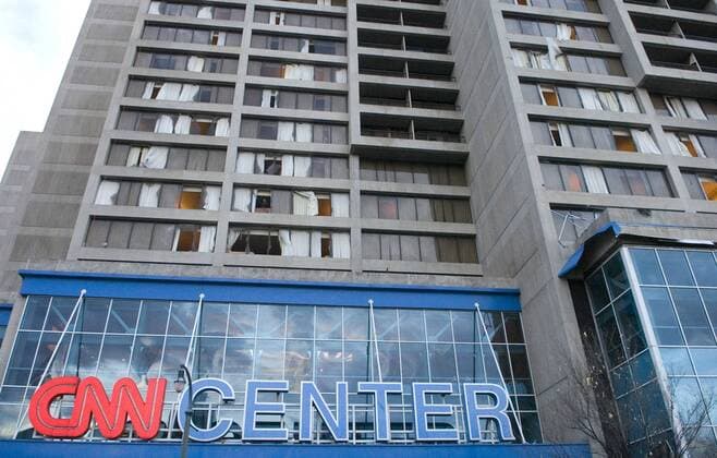 Mar 15, 2008 - Atlanta, Georgia, USA - Windows blown out at the CNN Center after an apparent tornado ripped through the downtown district in Atlanta, Georgia, on Saturday, March 15, 2008. State officials have put the damage estimates at least $150 million. A violent tornado blasting winds up to 130 miles per hour wreaked havoc through downtown Atlanta, Georgia, toppling trees onto homes, blowing windows out of high-rises and injuring 30 people, city officials said on Saturday. - ZUMAl17_ 20080315_sim_l17_572