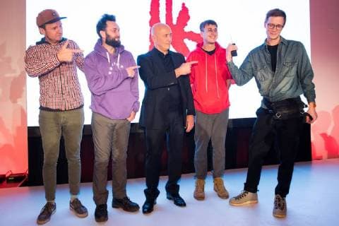 MOSCOW, RUSSIA - DECEMBER 15, 2017: Members of Gruppirovka ZIP (ZIP art group), Eldar Ganeyev (L), Yevgeny Rimkevich (2nd L), Vasily Subbotin (2nd R), Stepan Subbotin (R), winners of the 11th Kandinsky Prize in the Project of the Year category (entry Ostanovka DK ZIP , or the busstop ZIP Culture House , an allusion on the ZIL House of Culture), and a member of the Kandinsky Prize board of trustees, Shalva Breus (C), at the 11th Kandinsky Prize ceremony at the Udarnik Cinema. Sergei Bobylev TASS TS06D564