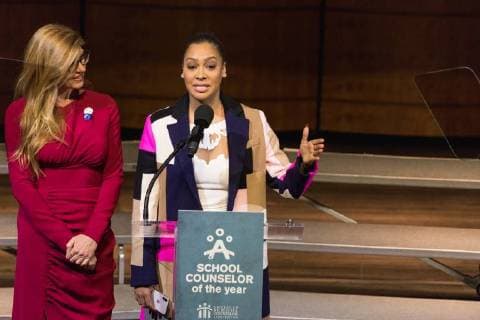 February 2, 2018 - Washington, DC, United States - (L-R): - Connie Britton (FOX series â€oe9-1-1â€Â), and La La Anthony (Starz series Power ), speak at the 2018 School Counselor of the Year awards ceremony, at the John F. Kennedy Center for the Performing Arts in Washington, D.C., on Friday, Feb. 2, 2018. ( ) Washington United States - ZUMAn230 20180202_zaa_n230_331 Copyright: xCherissxMayx