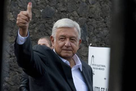 July 1, 2018 - Mexico, Ciudad De Mexico, MEXICO - Presidential candidate Andres Manuel Lopez Obrador, of the MORENA party, casts his vote during general elections in Mexico City, Mexico, Sunday, July 1, 2018. Voters will choose a new president and make decisions on more than 18,000 other posts including a new Congress, several governorships and municipal seats, according to the Mexican Election Institute Mexico MEXICO - ZUMAp124 20180701_zaa_p124_003 Copyright: xAntonioxNavax