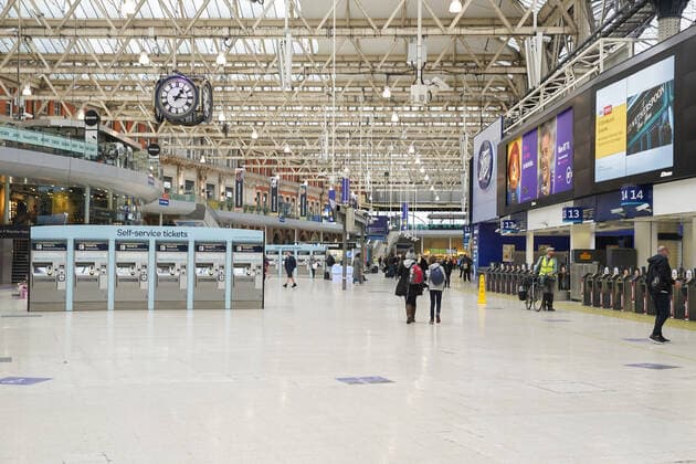(200321) -- LONDON, March 21, 2020 (Xinhua) -- Photo taken on March 20, 2020 shows the Waterloo Station, one of London s busiest train stations, in London, Britain. Cafes, bars, pubs and restaurants must close from Friday night across Britain in a bid to contain the spread of COVID-19 outbreak, Prime Minister Boris Johnson said Friday. As of 9 a.m. local time (0900 GMT) Friday, the number of confirmed COVID-19 cases in Britain reached 3,983, according to the Department of Health and Social Care. As of 1 p.m. (1300 GMT), 177 patients tested positive for coronavirus have died. (Photo by Joe Newman Xinhua) BRITAIN-LONDON-COVID-19 CASES