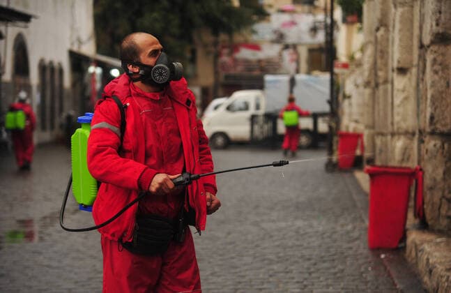 March 21, 2020, Damascus, Damascus, Syrian Arab Republic: Syrian workers disinfect the old market, as a preventive measure amid fears of the spread of the coronavirus, in Damascus, Syria, on March 21, 2020. Even though no cases of coronavirus Covid-19 have yet been reported in the city, some people prefer to take precautionary measures Damascus Syrian Arab Republic - ZUMAap3_ 20200321_zaf_ap3_080 Copyright: xOmarxEstwanix