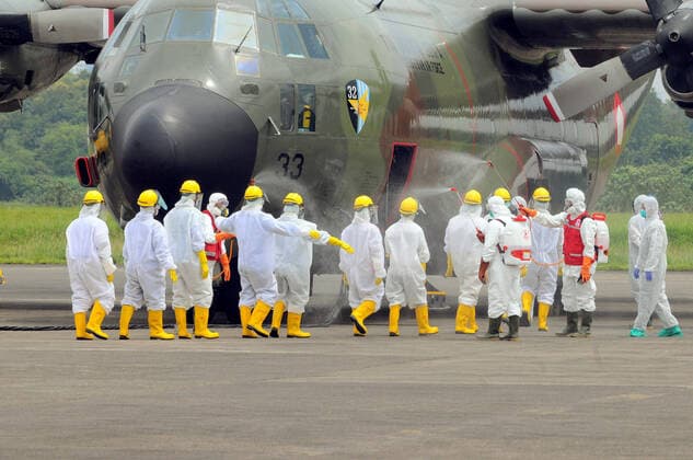 September 5, 2019, Jakarta, Jakarta, Indonesia: Indonesian Air Force C130 Hercules aircraft carrying COVID-19 medical devices from Shanghai, China, arrived at Halim Perdanakusuma Air Force Base, Jakarta on March, 23,2020. The medical devices consist of disposable masks, N95 masks, protective clothing, goggles, gloves, shoe covers, infrared thermometers, and surgical caps, to combat Corona Virus in Indonesia. Jakarta Indonesia - ZUMAr173 20190905_zip_r173_294 Copyright: xDasrilxRoszandix