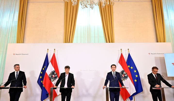 Vienna 24 03 2020, Federal Chancellery, Vienna, AUT, Coronavirus crisis, Austria, press conference, News on the Coronavirus, in picture from left, Minister of the Interior Karl Nehammer OeVP , Vice Chancellor Werner Kogler Gruene , Federal Chancellor Sebastian Kurz OeVP , Minister of Health Rudolf Anschober Gruene during a press conference of Austrian Goverment about the Coronavirus Pandemic at the Federal Chance EP_pool
