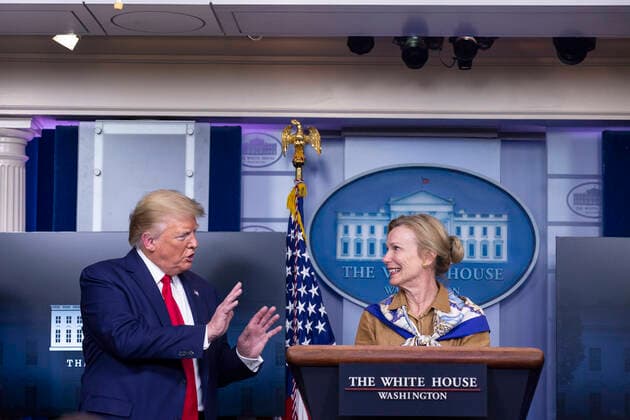 United States President Donald J. Trump, left, gestures as Deborah Birx, coronavirus response coordinator, speaks during a news conference on the COVID-19 pandemic in the James S. Brady Press Briefing Room of the White House in Washington D.C., U.S. on Monday, April 6, 2020. The United States has now reached 10,000 deaths caused by the novel Coronavirus, as officials debate the effectiveness of hydroxychloroquine, a drug used to treat malaria, to also treat the Coronavirus. Copyright: xStefanixReynoldsx xCNPx MediaPunchx