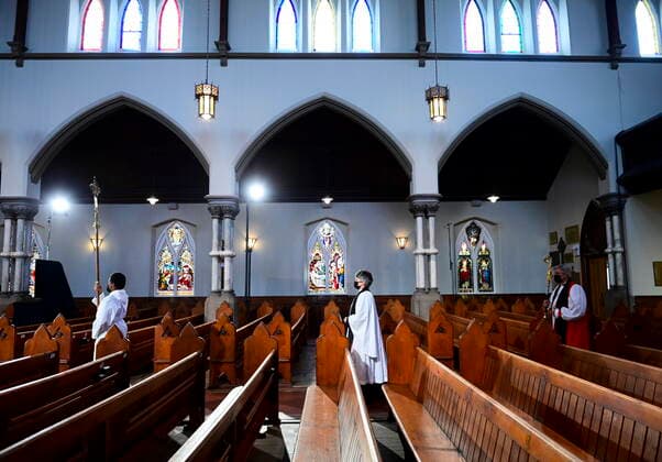 April 17, 2021, Ottawa, on, Canada: The Crucifer, left to right, leads Reverend Elizabeth J. Bretzlaff, Dean of Ottawa and Rector of Christ Church Cathedral and Reverend Shane A. D. Parker, Bishop of the Anglican Diocese of Ottawa, as they take part in a procession during the National Commemorative Ceremony in honour of Prince Philip, The Duke of Edinburgh, at Christ Church Cathedral in Ottawa on Saturday, April 17, 2021. Ottawa Canada - ZUMAc35_ 20210417_zaf_c35_012 Copyright: xSeanxKilpatrickx