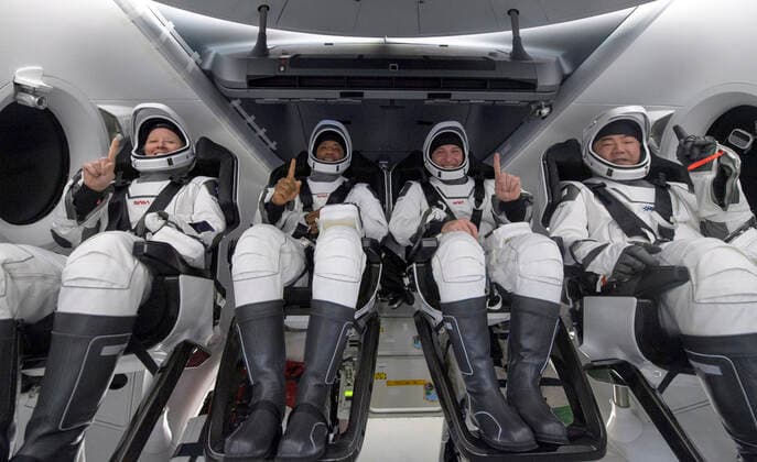 May 2, 2021, Panama City, Florida, USA: NASA astronauts Shannon Walker, left, Victor Glover, Mike Hopkins, and Japan Aerospace Exploration Agency (JAXA) astronaut Soichi Noguchi, right are seen inside the SpaceX Crew Dragon Resilience spacecraft onboard the SpaceX GO Navigator recovery ship shortly after having landed in the Gulf of Mexico off the coast of Panama City, Florida, Sunday, May 2, 2021. NASA™s SpaceX Crew-1 mission was the first crew rotation flight of the SpaceX Crew Dragon spacecraft and Falcon 9 rocket with astronauts to the International Space Station as part of the agency™s Commercial Crew Program..Mandatory Credit: NASA via CNP Panama City USA - ZUMAs152 20210502_zaa_s152_009 Copyright: xBillxIngallsx
