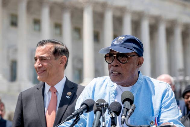 June 24, 2021, Washington, District of Columbia, USA: United States Representative Darrell Issa (Republican of California), left, listens while singer Sam Moore offers remarks during a press conference to introduce the American Music Fairness Act outside of the the US Capitol in Washington, DC, Thursday, June 24, 2021. Credit: Rod Lamkey CNP Washington USA - ZUMAs152 20210624_zaa_s152_174 Copyright: xRodxLamkeyx-xCnpx