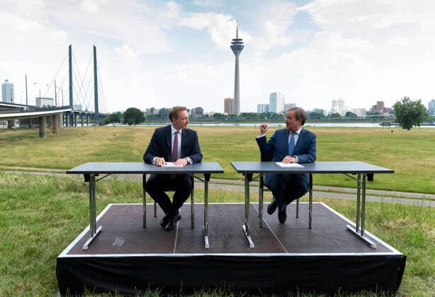 Christian LINDNER , FDP , and Armin LASCHET , CDU , Prime Minister of North Rhine Westphalia , present a report on the accomplishments of the FDP CDU government , 25 06 2021 Christian LINDNER , FDP , and Armin LASCHET , CDU , Prime Minister of North Rhine Westphalia , are presenting a report on the accomplishments of the FDP CDU government , 25 06 2021