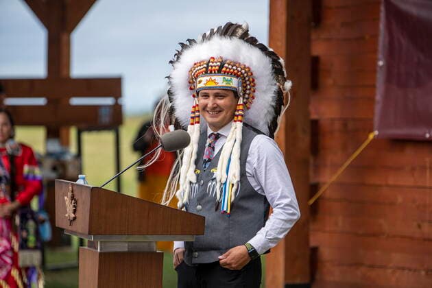 July 6, 2021, Cowessess First Nation, SK, Canada: Chief Cadmus Delorme speaks during a ceremony celebrating the signing of a transfer of control over children in care to the community, in Cowessess First Nation, Sask., Tuesday, July 6, 2021. Cowessess is also the site of a former residential school where, last month, ground-penetrating radar detected a potential 751 unmarked graves. Cowessess First Nation Canada - ZUMAc35_ 20210706_zaf_c35_068 Copyright: xLiamxRichardsx