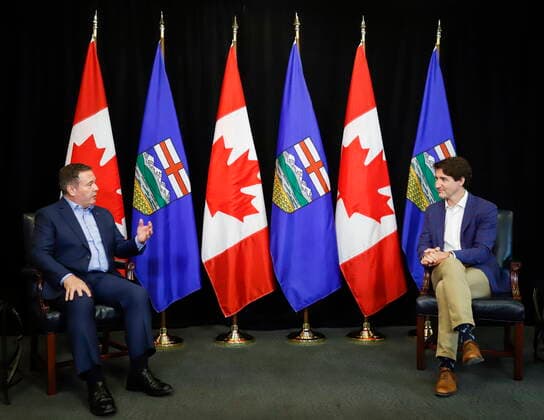 July 7, 2021, Calgary, ab, Canada: Prime Minister Justin Trudeau, right, meets with Alberta Premier Jason Kenney in Calgary, Alta., Wednesday, July 7, 2021. Calgary Canada - ZUMAc35_ 20210707_zaf_c35_009 Copyright: xJeffxMcintoshx