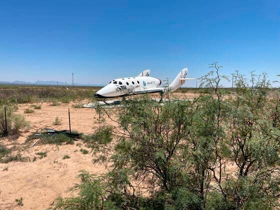 Truth or Consequences (United States), 11 07 2021.- View of a prototype of the VSS Unity aircraft today, at the entrance to Spaceport, in Truth or Consequences, New Mexico, USA, 11 July 2021. British billionaire Richard Branson reached a long-awaited goal this Sunday and finally reached space aboard a plane of his own company, Virgin Galactic, after taking off from the New Mexico desert and exceeding more than 50 miles (80 km. ) Tall. At Spaceport America, a futuristic structure built in the middle of the desert and Virgin Galactic s base of operations, this Sunday has experienced an atmosphere of joy after years of working towards the goal of conducting commercial space flights. At this state-owned airport located in the town of Truth or C Copyright: xAntonixBelchix AME1687 20210711-8d56497fa3334caf1f0635be589919b4ae7aa189