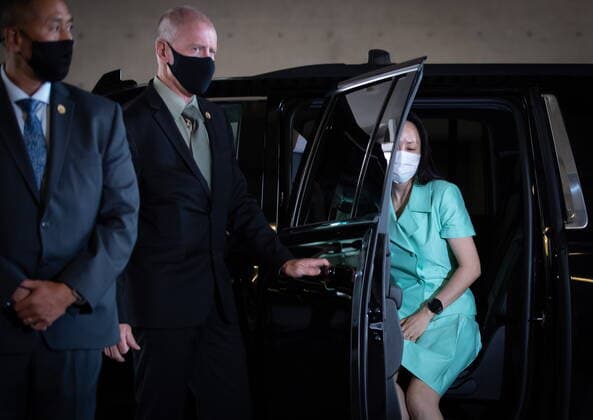 August 9, 2021, Vancouver, BC, Canada: Meng Wanzhou, chief financial officer of Huawei, arrives at B.C. Supreme Court to attend her extradition hearing, in Vancouver, on Monday, August 9, 2021. Vancouver Canada - ZUMAc35_ 20210809_zaf_c35_051 Copyright: xDarrylxDyckx