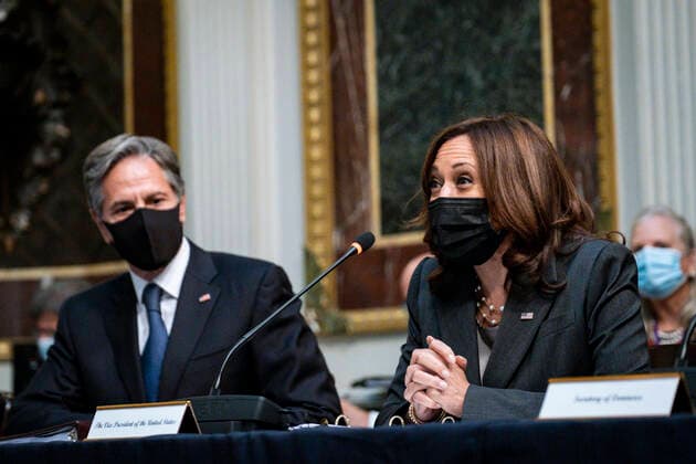 September 9, 2021, Washington, District of Columbia, USA: United States Vice President Kamala Harris, right, delivers opening remarks at the U.S.-Mexico High Level Economic Dialogue (HLED) as United States Secretary of State Antony Blinken looks on, in the Indian Treaty Room of the Eisenhower Executive Office Building in Washington, DC on September 9, 2021. Secretary of Commerce Gina Raimondo, Homeland Security Secretary Alejandro Mayorkas, U.S. Trade Representative Katherine Tai, USAID Administrator Samantha Power, and U.S. Ambassador to Mexico Ken Salazar also participated Washington USA - ZUMAs152 20210909_zaa_s152_017 Copyright: xPetexMarovichx