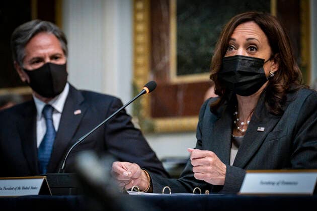 September 9, 2021, Washington, District of Columbia, USA: United States Vice President Kamala Harris, right, delivers opening remarks at the U.S.-Mexico High Level Economic Dialogue (HLED) as United States Secretary of State Antony Blinken looks on, in the Indian Treaty Room of the Eisenhower Executive Office Building in Washington, DC on September 9, 2021. Secretary of Commerce Gina Raimondo, Homeland Security Secretary Alejandro Mayorkas, U.S. Trade Representative Katherine Tai, USAID Administrator Samantha Power, and U.S. Ambassador to Mexico Ken Salazar also participated Washington USA - ZUMAs152 20210909_zaa_s152_010 Copyright: xPetexMarovichx