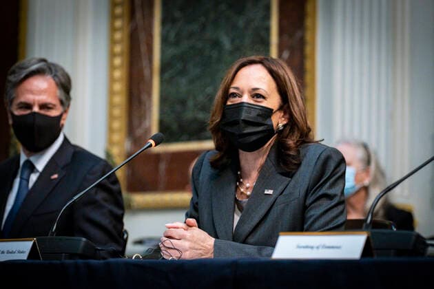 September 9, 2021, Washington, District of Columbia, USA: United States Vice President Kamala Harris, right, and US Secretary of State Antony Blinken look on as Mexico Foreign Secretary Marcelo Ebrard, delivers opening remarks at the U.S.-Mexico High Level Economic Dialogue (HLED) in the Indian Treaty Room of the Eisenhower Executive Office Building in Washington, DC on September 9, 2021. Secretary of Commerce Gina Raimondo, Homeland Security Secretary Alejandro Mayorkas, U.S. Trade Representative Katherine Tai, USAID Administrator Samantha Power, and U.S. Ambassador to Mexico Ken Salazar also participated Washington USA - ZUMAs152 20210909_zaa_s152_003 Copyright: xPetexMarovichx