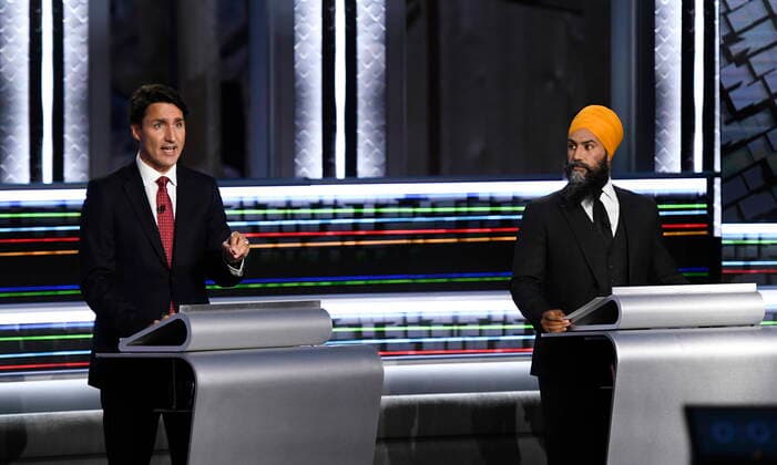 September 9, 2021, Gatineau, PQ, Canada: Liberal Leader Justin Trudeau, left, and NDP Leader Jagmeet Singh, take part in the federal election English-language Leaders debate in Gatineau, Que., on Thursday, Sept. 9, 2021. Gatineau Canada - ZUMAc35_ 20210909_zaf_c35_063 Copyright: xJustinxTangx