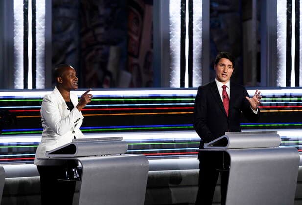 September 9, 2021, Gatineau, PQ, Canada: Green Party Leader Annamie Paul, left, and Liberal Leader Justin Trudeau, take part in the federal election English-language Leaders debate in Gatineau, Que., on Thursday, Sept. 9, 2021. Gatineau Canada - ZUMAc35_ 20210909_zaf_c35_095 Copyright: xJustinxTangx