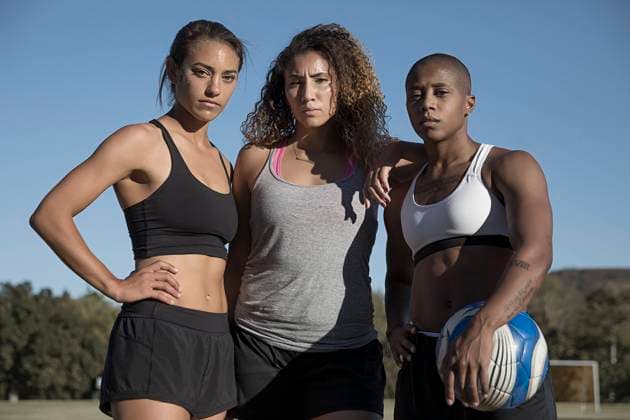 Portrait of friends with football looking at camera, 02.01.2018, Copyright: xIanxSpanierx, model released, looking at camera,portrait,three quarter length,attitude,assertiveness,determination,athleticism,fitness,healthy lifestyle,individuality,teamwork,well being,confidence,friendship,pride,soccer ball,30 to 34 years,20 to 24 years,25 to 29 years,african american ethnicity,female,woman,mid adult woman,young woman,three people,soccer player,outdoors,day,soccer,active lifestyle,teammate,diversity,only female,January 2018 Release,African Descent,African American Ethnicity,Mid Adult,30-34 Years,Young Adult,20-24 Years,25-29 Years,Female,Women,Young Women,Mid Adult Women,Athlete,Soccer Player,Assertiveness,Attitude,Confidence,Determination,In Ref:IS09B9L6U
