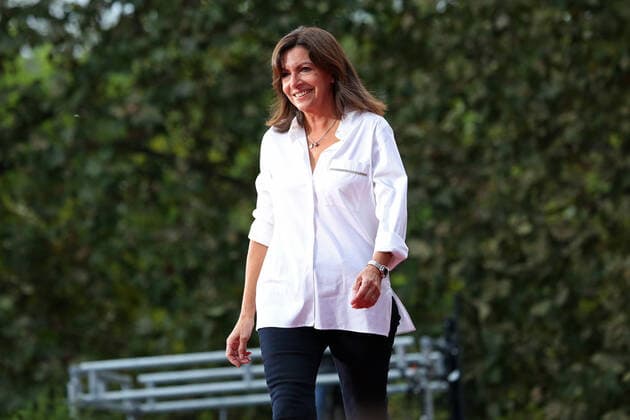 Paris Mayor Anne Hidalgo speaks to the crowd before the start of the Global Citizen Live concert in Paris on Saturday, September 25, 2021. The concert, held at the base of the Eiffel Tower, is one of several taking place in cities around the world including New York, Los Angeles, London, Sydney, Lagos, Rio, Mumbai and Seoul. The event aims to raise awareness for issues related to the climate and ending poverty. PAR20210925004 DAVIDxSILPA
