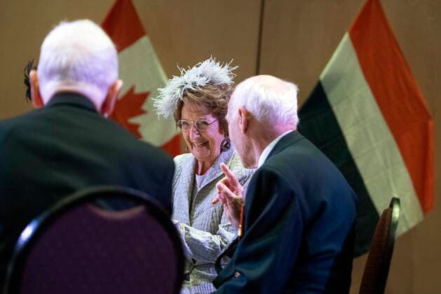 May 16, 2022, Ottawa, ON, CAN: Princess Margriet of the Netherlands speaks with Canadian Air Force veterans Desmond Peters, right, and Robert Bradley, left, during a visit to the Canadian War Museum in Ottawa, on Monday, May 16, 2022. Princess Margriet is visiting Ottawa, the city where she was born during the Second World War. The princess was born at the Ottawa Civic Hospital after the Dutch royal family fled to Canada to escape Nazi occupying forces in 1940. Ottawa CAN - ZUMAc35_ 20220516_zaf_c35_015 Copyright: xJustinxTangx
