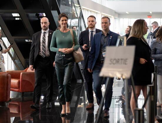 May 28, 2022, DRUMMONDVILLE, PQ, Canada: Quebec Deputy premier and Public Security Minister Genevieve Guilbault, left, arrives for the Coalition Avenir Quebec annual congress. in Drummondville, Que., Saturday, May 28, 2022. DRUMMONDVILLE Canada - ZUMAc35_ 20220528_zaf_c35_009 Copyright: xJacquesxBoissinotx