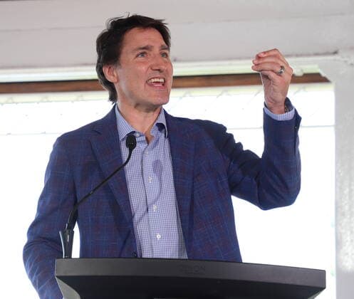 July 7, 2022, Sudbury, ON, CANADA: Prime Minister Justin Trudeau addresses the crowd in Bell Park, in Sudbury, Ont., Thursday, July 7, 2022, where the Prime Minister and Dr. Jane Goodall took part in the historic planting of Greater SudburyöÄÃ s 10 millionth tree. Sudbury CANADA - ZUMAc35_ 20220707_zaf_c35_049 Copyright: xGinoxDonatox