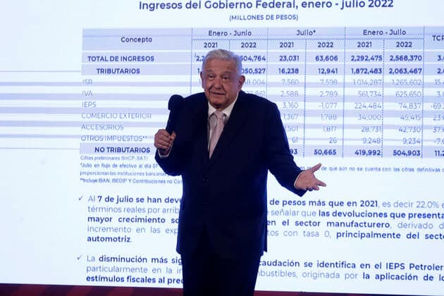 July 8, 2022, Mexico City, Mexico City, Mexico: July 8, 2022, Mexico City, Mexico: Mexico s President, Andres Manuel Lopez Obrador speaks during his daily morning briefing conference at the National Palace. on Jul 8, 2022 In Mexico City, Mexico. Mexico City Mexico - ZUMAe321 20220708_zia_e321_033 Copyright: xLuisxBarronx xEyepixxGroupx