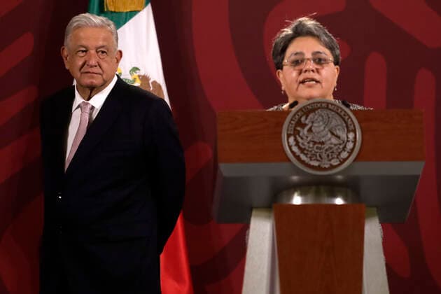 July 8, 2022, Mexico City, Mexico City, Mexico: July 8, 2022, Mexico City, Mexico: Mexico s President, Andres Manuel Lopez Obrador and the director of the Tax Administration Service of Mexico s Ministry of Finance, Raquel Buenrostro during the Mexico s President Lopez Obrador daily morning briefing conference at the National Palace. on Jul 8, 2022 In Mexico City, Mexico. Mexico City Mexico - ZUMAe321 20220708_zia_e321_022 Copyright: xLuisxBarronx xEyepixxGroupx
