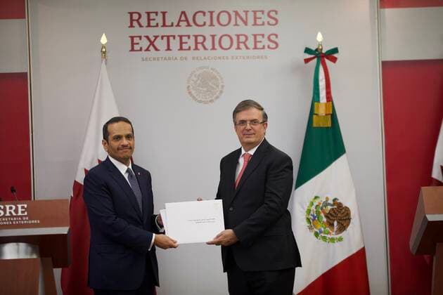 July 26, 2022, Mexico City, Mexico City, Mexico: July, 26, 2022, Mexico City, Mexico: Mexicoâ€⠢s Foreign Affairs Minister Marcelo Ebrard and Qatar Deputy Prime Minister and Minister of Foreign Affairs Mohammed bin Abdulrahman bin Jassim Al Thani, during the signing of bilateral agreement between both nations Mexico-Qatar. on July 26, 2022 in Mexico City, Mexico. Mexico City Mexico - ZUMAe321 20220726_zia_e321_034 Copyright: xJulianxLopezx xEyepixxGroupx