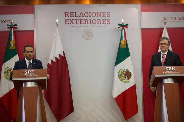 July 26, 2022, Mexico City, Mexico City, Mexico: July, 26, 2022, Mexico City, Mexico: Mexicoâ€⠢s Foreign Affairs Minister Marcelo Ebrard and Qatar Deputy Prime Minister and Minister of Foreign Affairs Mohammed bin Abdulrahman bin Jassim Al Thani, during the signing of bilateral agreement between both nations Mexico-Qatar. on July 26, 2022 in Mexico City, Mexico. Mexico City Mexico - ZUMAe321 20220726_zia_e321_035 Copyright: xJulianxLopezx xEyepixxGroupx