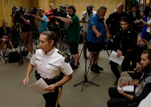 September 5, 2022, Regina, Saskatchewan, Canada: Assistant Commissioner Rhonda Blackmore, left, arrives to a press conference at RCMP F Division Headquarters in Regina on Monday, Sept. 5, 2022. Damien Sanderson and Myles Sanderson allegedly stabbed and killed 10 people between James Smith Cree Nation and Weldon, Sask. on Sunday morning. Today, the RCMP said Damien was located deceased at the First Nation, while his brother Myles is still at large. Regina Canada - ZUMAc35_ 20220905_zaf_c35_141 Copyright: xMichaelxBellx