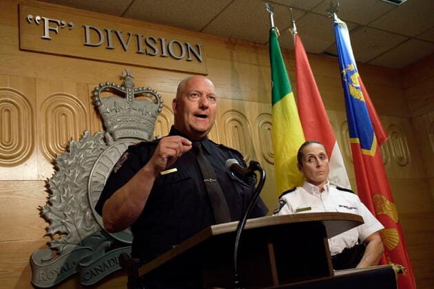 September 5, 2022, Regina, Saskatchewan, Canada: Regina Police Chief Evan Bray, left, speaks while Assistant Commissioner Rhonda Blackmore, right, looks on during a press conference at RCMP F Division Headquarters in Regina on Monday, Sept. 5, 2022. Damien Sanderson and Myles Sanderson allegedly stabbed and killed 10 people between James Smith Cree Nation and Weldon, Sask. on Sunday morning. Today, the RCMP said Damien was located deceased at the First Nation, while his brother Myles is still at large. Regina Canada - ZUMAc35_ 20220905_zaf_c35_144 Copyright: xMichaelxBellx