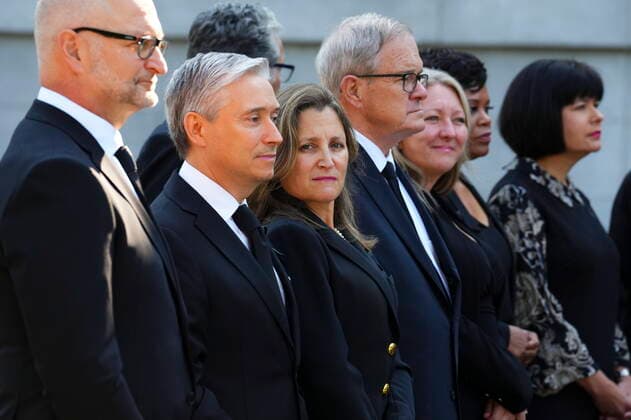 September 10, 2022, Ottawa, ON, CAN: Minister of Finance Chrystia Freeland and Minister of Innovation, Science and Industry Francois-Philippe Champagne join fellow members of cabinet as they take part in a ceremony to proclaim the accession of the new Sovereign, King Charles III, at Rideau Hall, in Ottawa, Saturday, Sept. 10, 2022. Ottawa CAN - ZUMAc35_ 20220910_zaf_c35_048 Copyright: xSeanxKilpatrickx