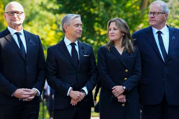 September 10, 2022, Ottawa, ON, CAN: Minister of Finance Chrystia Freeland and Minister of Innovation, Science and Industry Francois-Philippe Champagne take part in a ceremony to proclaim the accession of the new Sovereign, King Charles III, at Rideau Hall, in Ottawa, Saturday, Sept. 10, 2022. Ottawa CAN - ZUMAc35_ 20220910_zaf_c35_047 Copyright: xSeanxKilpatrickx