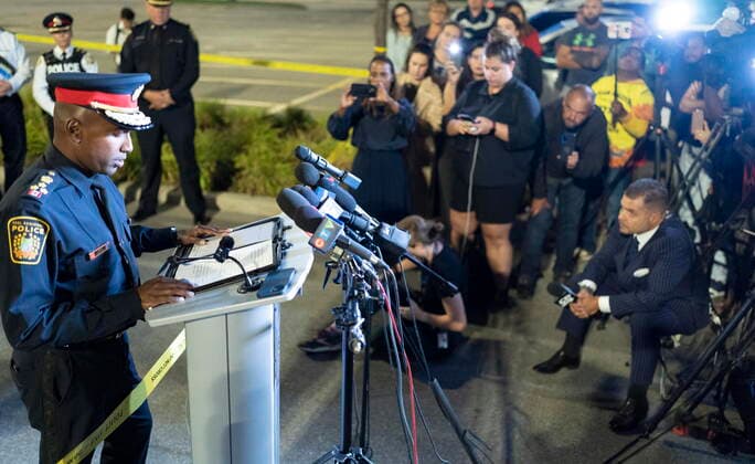 September 12, 2022, Mississauga, ON, CANADA: Peel Regional Police Chief Nishan Duraiappah speaks to the media at the scene of a shooting in Mississauga, Ont., Monday, Sept. 12, 2022. Cst. Andrew Hong, of the Toronto Police Service, was fatally shot after two separate shootings left two dead and three injured in the Greater Toronto Area on Monday afternoon. Mississauga CANADA - ZUMAc35_ 20220912_zaf_c35_189 Copyright: xArlynxMcadoreyx