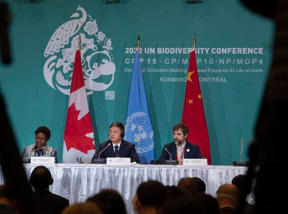 December 17, 2022, Montreal, PQ, CANADA: Elizabeth Maruma Mrema, Executive Secretary of the Secretariat of the Conference of Biological Diversity, left to right, Huang Runqiu President of the COP 15 and Minister of Ecology and Environment of China listens as Steven Guilbeault, Minister of Environment and Climate Change Canada, speaks during a press conference at the COP 15 summit on biodiversity, in Montreal, Saturday, Dec. 17, 2022. Montreal CANADA - ZUMAc35_ 20221217_zaf_c35_041 Copyright: xPeterxMccabex