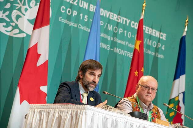 December 17, 2022, Montreal, PQ, CANADA: Minister of Environment and Climate Change Canada Steven Guilbeault, left, and Northwest Territories MLA for Nahendeh Shane Thompson take part in a press conference at the COP 15 summit on biodiversity, in Montreal, Saturday, Dec. 17, 2022. Montreal CANADA - ZUMAc35_ 20221217_zaf_c35_073 Copyright: xPeterxMccabex