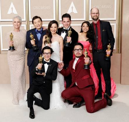 (L-R top row) Jamie Lee Curtis, winner of the award for Best Supporting Actress, Ke Huy Quan, winner of the award for Best Actor In A Supporting Role, James Hong, Jonathan Wang, winners of the award for Best Picture, Michelle Yeoh, winner of the award for Best Actress in a Leading Role, Stephanie Hsu and (L-R bottom row) Dan Kwan and Daniel Scheinert, winners of the award for Best Director and Best Picture for Everything Everywhere All at Once, appear backstage with their Oscars during the 95th annual Academy Awards at Loews Hollywood Hotel in the Hollywood section of Los Angeles on Sunday, March 12, 2023. LAP20230312294 JOHNxANGELILLO