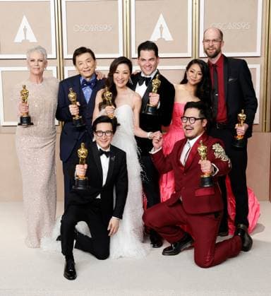 (L-R top row) Jamie Lee Curtis, winner of the award for Best Supporting Actress, Ke Huy Quan, winner of the award for Best Actor In A Supporting Role, James Hong, Jonathan Wang, winners of the award for Best Picture, Michelle Yeoh, winner of the award for Best Actress in a Leading Role, Stephanie Hsu and (L-R bottom row) Dan Kwan and Daniel Scheinert, winners of the award for Best Director and Best Picture for Everything Everywhere All at Once, appear backstage with their Oscars during the 95th annual Academy Awards at Loews Hollywood Hotel in the Hollywood section of Los Angeles on Sunday, March 12, 2023. LAP20230312295 JOHNxANGELILLO