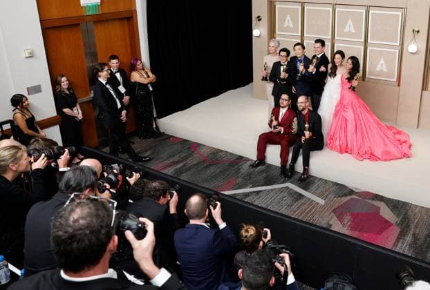 (L-R top row) Jamie Lee Curtis, winner of the award for Best Supporting Actress, Ke Huy Quan, winner of the award for Best Actor In A Supporting Role, James Hong, Jonathan Wang, winners of the award for Best Picture, Michelle Yeoh, winner of the award for Best Actress in a Leading Role, Stephanie Hsu and (L-R bottom row) Dan Kwan and Daniel Scheinert, winners of the award for Best Director and Best Picture for Everything Everywhere All at Once, appear backstage with their Oscars during the 95th annual Academy Awards at Loews Hollywood Hotel in the Hollywood section of Los Angeles on Sunday, March 12, 2023. LAP20230312296 JOHNxANGELILLO