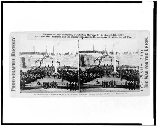 RECORD DATE NOT STATED Interior of Fort Sumpter (i.e. Sumter), Charleston Harbor, South Carolina April 14th, 1865. Arrival of General Anderson and the guests to inaugurate the ceremony of raising the old flag. Civil War Photograph Collection , Original negative is: LC-B811-3141. Anderson, Robert, 1805-1871, Public appearances, Forts & fortifications, South Carolina, Charleston, 1860-1870, Spectators, South Carolina, Charleston, 1860-1870, Military parades & ceremonies, South Carolina, Charleston, 1860-1870, United States, History, Civil War, 1861-1865, Military facilities, South Carolina, Charleston, United States, History, Civil War, 1861-1865, Ceremonies, South Carolina, Charleston. Copyright: xpiemagsx civwarpietiff12032023-1838 !ACHTUNG AUFNAHMEDATUM GESCHÄTZT!