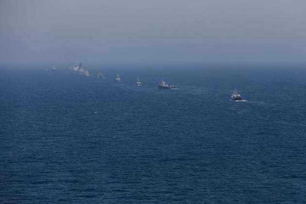 March 18, 2023, UNDEFINED, UNDEFINED, INDIAN OCEAN: A handout the Iranian Army on March 18, 2023, shows warships during a Russia, China, and Iran joint naval exercise in the Gulf of Oman. Russia, China, and Iran finished a joint maritime training in the Gulf of Oman. UNDEFINED INDIAN OCEAN - ZUMAi98_ 20230318_zih_i98_007 Copyright: xIranianxArmyxOfficex