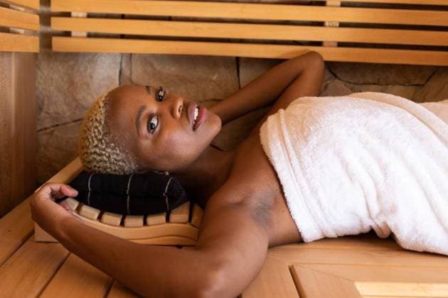 Portrait of happy african american woman wearing towel and lying in sauna Portrait of happy african american woman wearing towel and lying in sauna. Spa, relaxation, beauty and lifestyle concept., model released, , property released, Cape Town, South Africa, 2022-09-28T22:00:00.000Z, 3935094.jpg, people,portrait,happy,african american,woman,wearing,towel,lying,sauna,spa,relaxation,beauty,lifestyle,concept,young,person,beautiful,adult,attractive,face,smile,pretty,cute,relax,happiness,fun,cheerful,wellness,leisure,healthy,massage,body,fashion,african,american Young Adult,Woman,Female,Black