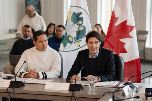 May 12, 2023, Nain, NL, Canada: Prime Minister Justin Trudeau, right, makes remarks next to Natan Obed, president of the Inuit Tapiriit Kanatami, during a meeting of the Inuit-Crown Partnership Committee (ICPC) in Nain, N.L. on Friday, May 12, 2023. Nain Canada - ZUMAc35_ 20230512_zaf_c35_001 Copyright: xDarrenxCalabresex