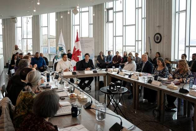 May 12, 2023, Nain, NL, Canada: Prime Minister Justin Trudeau, centre, makes remarks next to Natan Obed, centre left, president of the Inuit Tapiriit Kanatami, during a meeting of the Inuit-Crown Partnership Committee (ICPC) in Nain, N.L. on Friday, May 12, 2023. Nain Canada - ZUMAc35_ 20230512_zaf_c35_002 Copyright: xDarrenxCalabresex