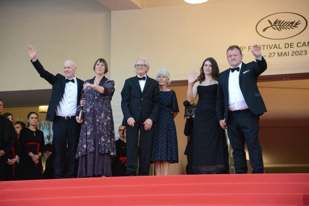 May 26, 2023, CANNES, France: CANNES, FRANCE - MAY 26: (L-R) Paul Laverty, Rebecca O Brien, Director Ken Loach, Lesley Ashton, Ebla Mari and Dave Turner attend the The Old Oak red carpet during the 76th annual Cannes film festival at Palais des Festivals on May 26, 2023 in Cannes, France. CANNES France - ZUMAi09_ 20230526_zaf_i09_034 Copyright: xFrederickxInjimbertx