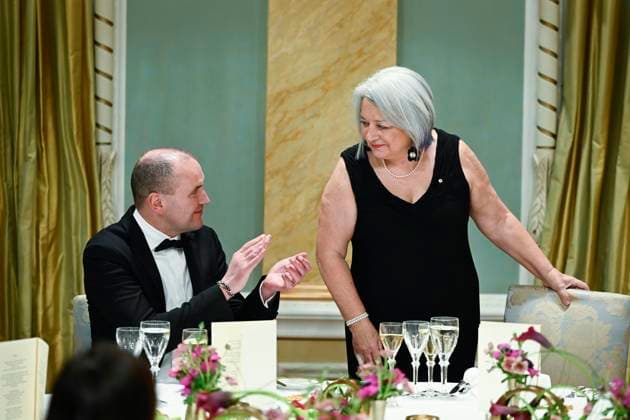 May 29, 2023, Ottawa, ON, CAN: President of Iceland Gudni Johannesson claps as Mary Simon, Governor General of Canada, returns to her seat after making remarks, at a state dinner at Rideau Hall in Ottawa, on Monday, May 29, 2023. Ottawa CAN - ZUMAc35_ 20230529_zaf_c35_125 Copyright: xJustinxTangx