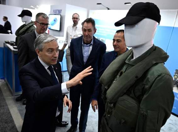 June 1, 2023, Ottawa, ON, CAN: Minister of Innovation, Science and Industry Francois-Philippe Champagne has a look at a Survitec flight suit, at the CANSEC trade show, billed as North AmericaöÄÃ s largest multi-service defence event, in Ottawa, on Thursday, June 1, 2023. Ottawa CAN - ZUMAc35_ 20230601_zaf_c35_074 Copyright: xJustinxTangx